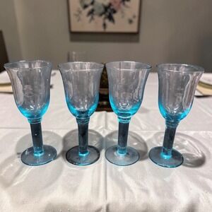 Hand Blown Sky Blue Wine Glasses, Set of 4, Heavy Vintage Glassware,  Stemware